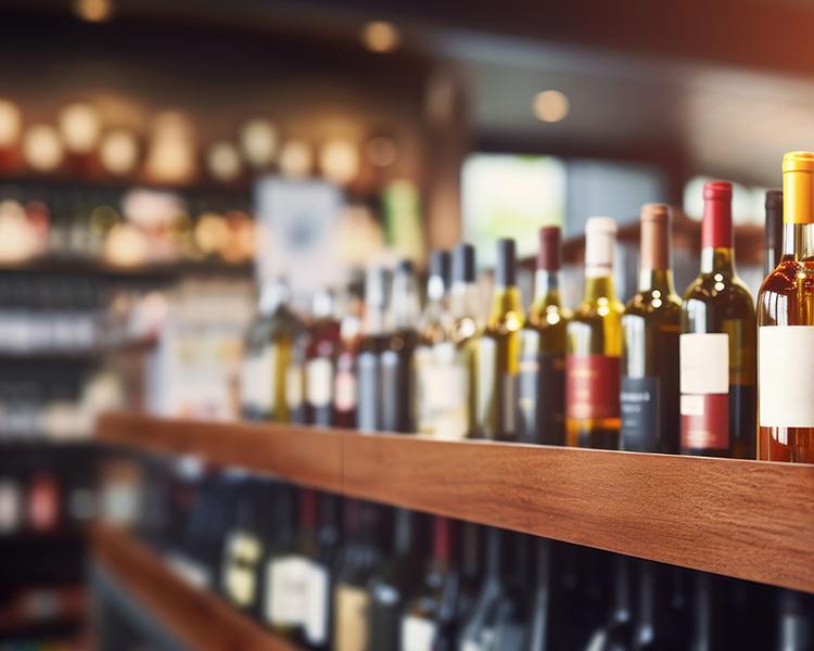 Imagebild Restaurant: unscharfe Weinflaschen in einem Regal